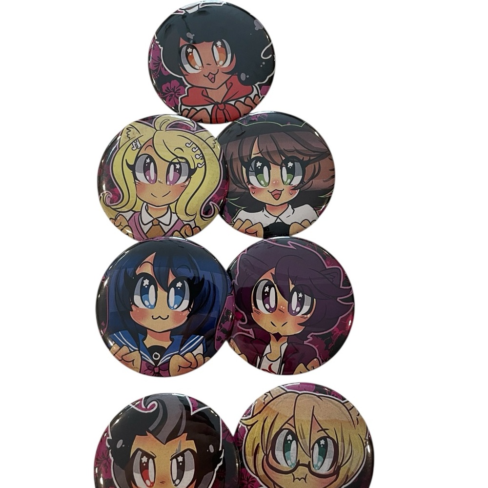 Anime Character Button Pin Set - 7 Webcomic Collectible Chibi Style Artwork (12)